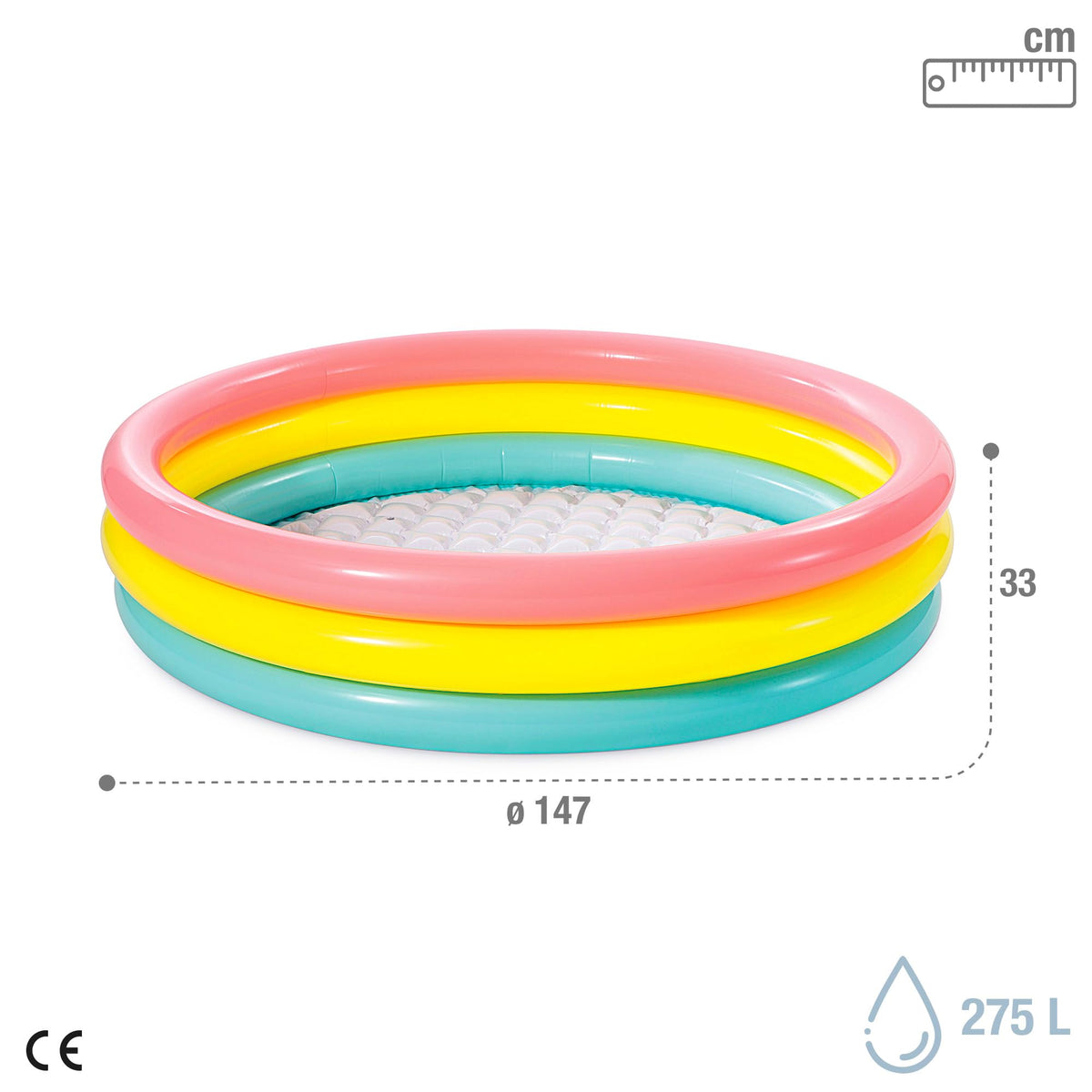 Angled view of the round multicolor Intex backyard pool emphasizing the thick inflated protective side walls