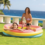 Deflated packaging view of the authentic Intex fifty eight inch kids pool showing the included heavy duty repair patch