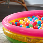 Top down perspective showcasing the full circular layout and three hundred liter water capacity of the Intex kiddie pool