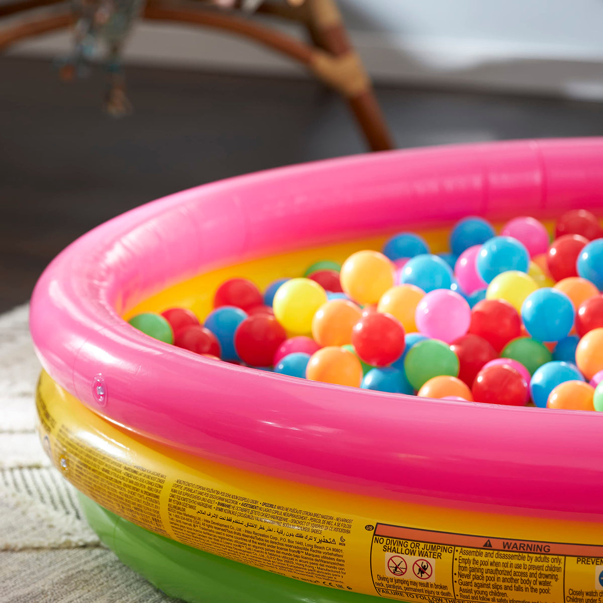 Top down perspective showcasing the full circular layout and three hundred liter water capacity of the Intex kiddie pool