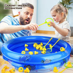 FIVEDAOGANG numbered plastic ducks floating in the blue inflatable kiddie pool