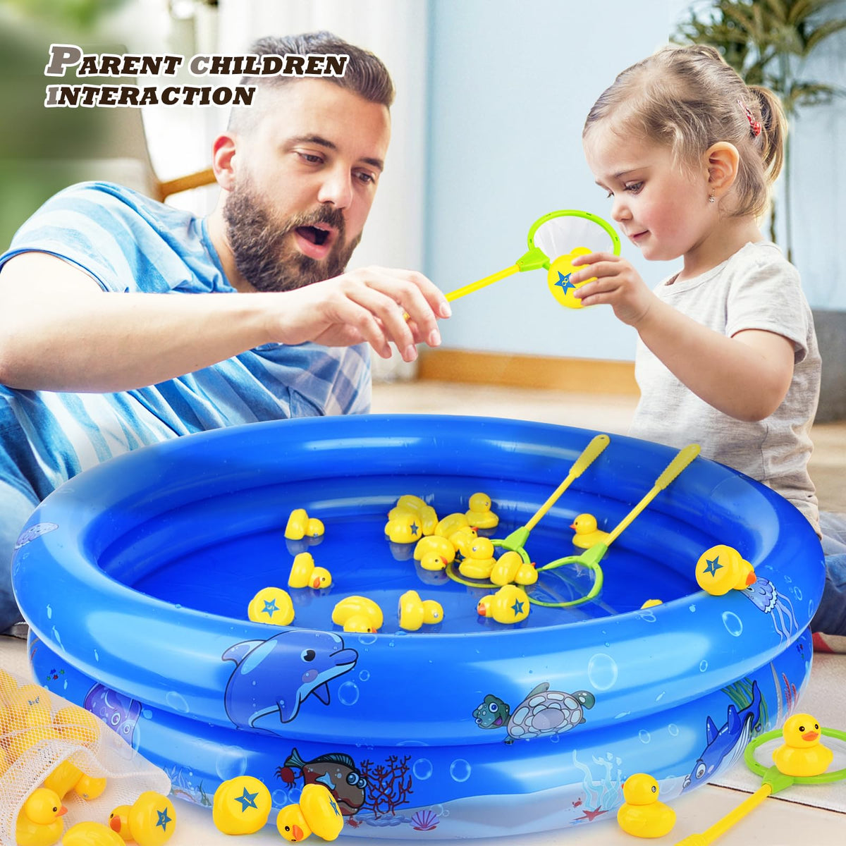 FIVEDAOGANG numbered plastic ducks floating in the blue inflatable kiddie pool