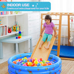 VIVI MAO blue three ring inflatable pool used indoors as a colorful toy ball pit