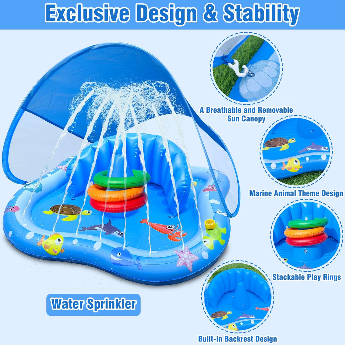 iGeeKid baby pool float with detachable UPF fifty sun canopy attached showing shade coverage over the seating area.