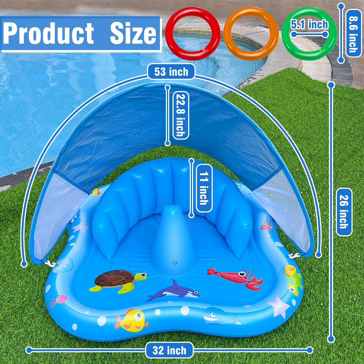iGeeKid inflatable baby pool mat showing close up of the supportive backrest and wide stable base.
