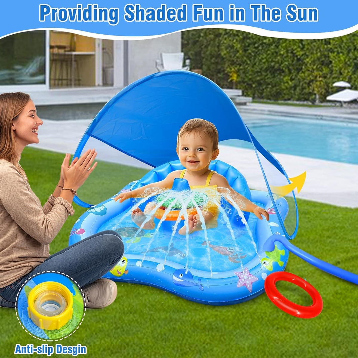 iGeeKid backyard splash pad showing the three colorful stackable rings placed on the ocean themed console.