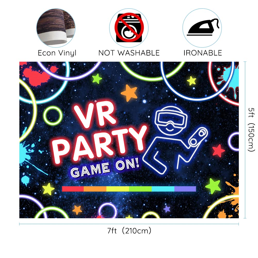 Seven by five feet video game birthday background setup behind a cake table.