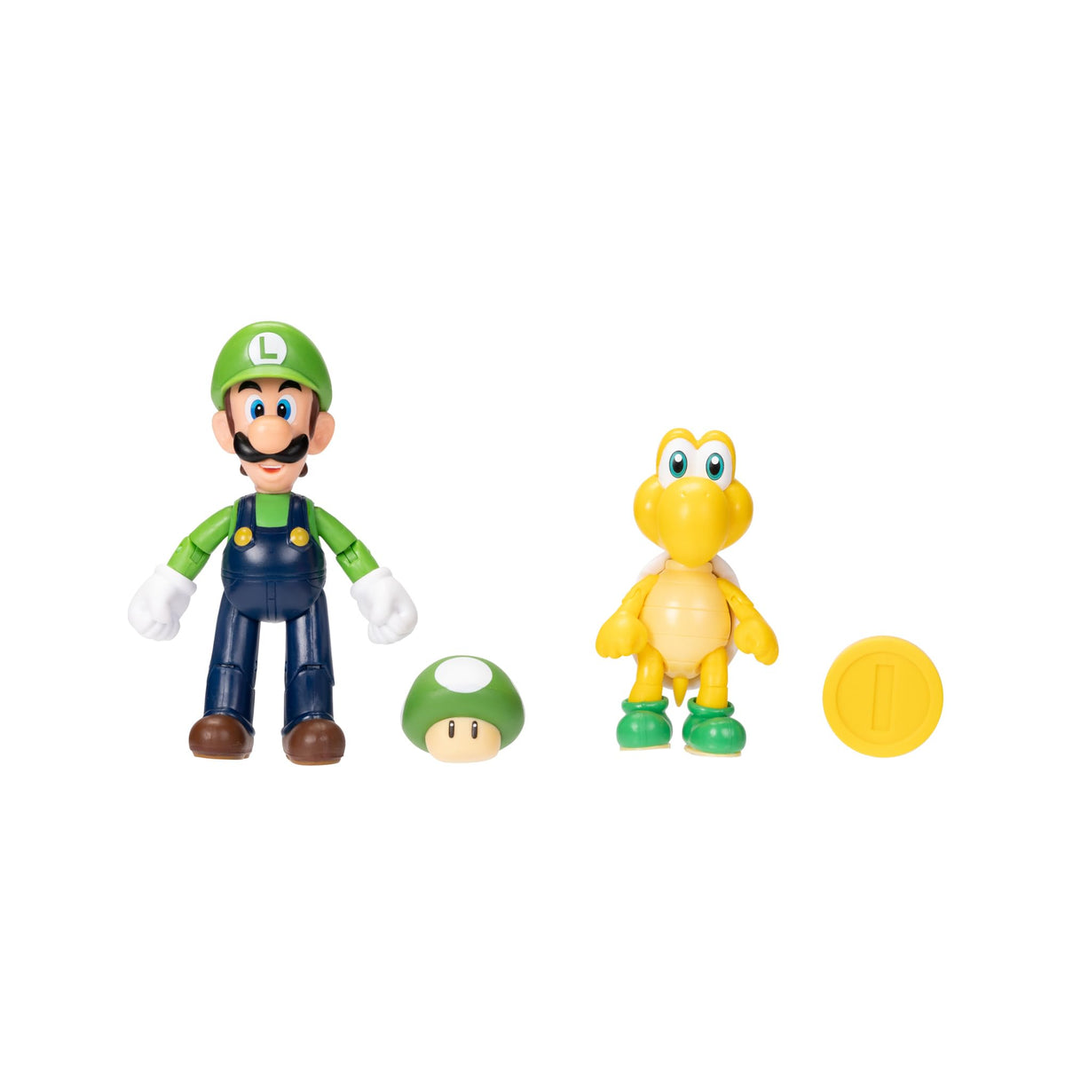 Super Mario four inch articulated action figure holding a miniature Super Mushroom accessory.