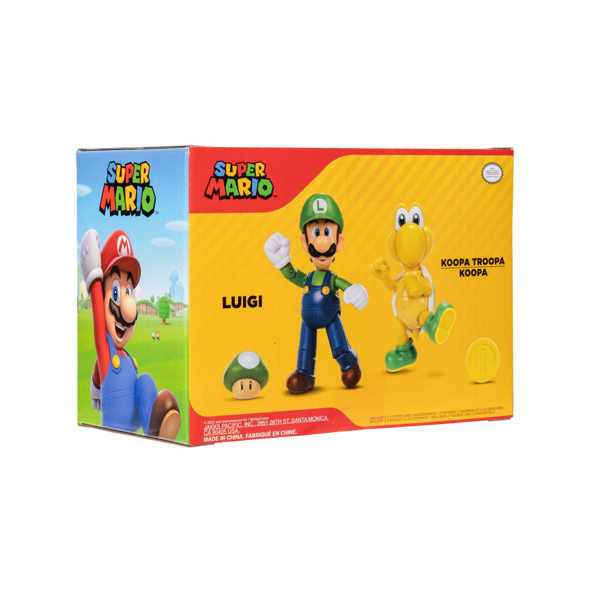 Back view of the Super Mario Nintendo figure package showing product details and safety instructions.