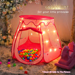 DISHIO pop up toddler ball pit with star lights glowing inside the pink mesh playhouse