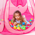 DISHIO princess tent detachable roof feature showing open top view with colorful balls inside