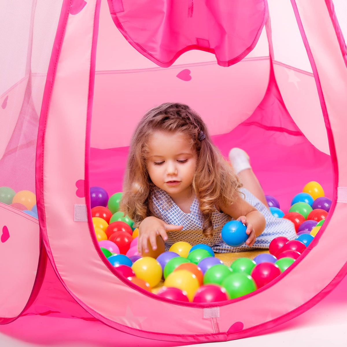 DISHIO princess tent detachable roof feature showing open top view with colorful balls inside