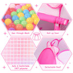 DISHIO toddler birthday gift setup displaying the full pink princess ball pit kit on a rug