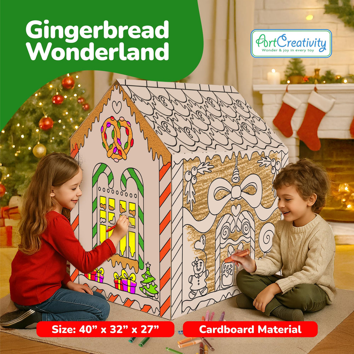 ArtCreativity cardboard playhouse craft kit showing children coloring the pre-printed black and white gingerbread panels.