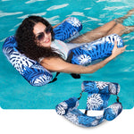 Adult water lounge chair showing the adjustable headrest and mesh seating area floating on water.