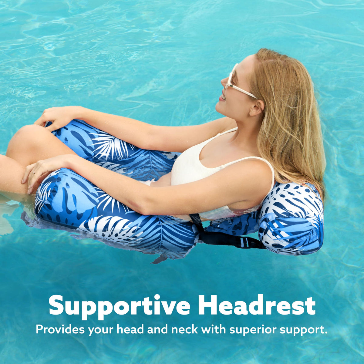 High-buoyancy adult floating hammock showcasing the durable seamless tropical forest leaf design.