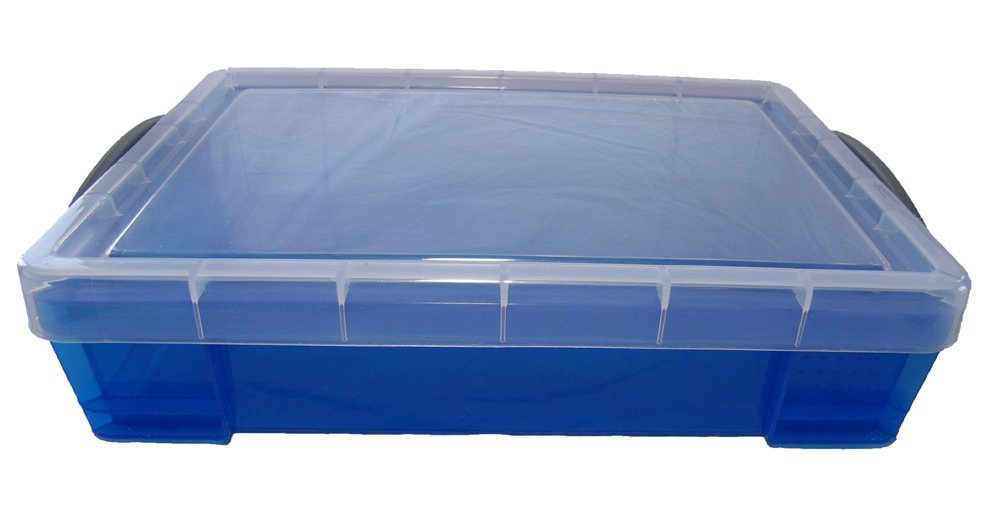Play Therapy Supply four liter sensory container with green locking handles closed tightly.