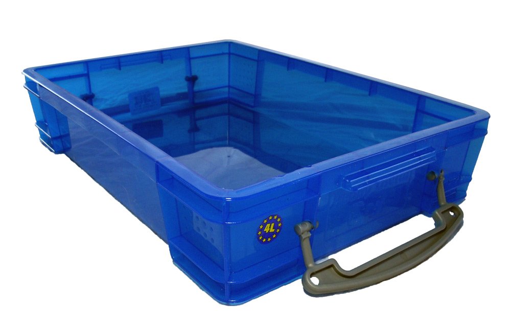 Play Therapy Supply blue plastic sand tray open without lid showing deep interior space.
