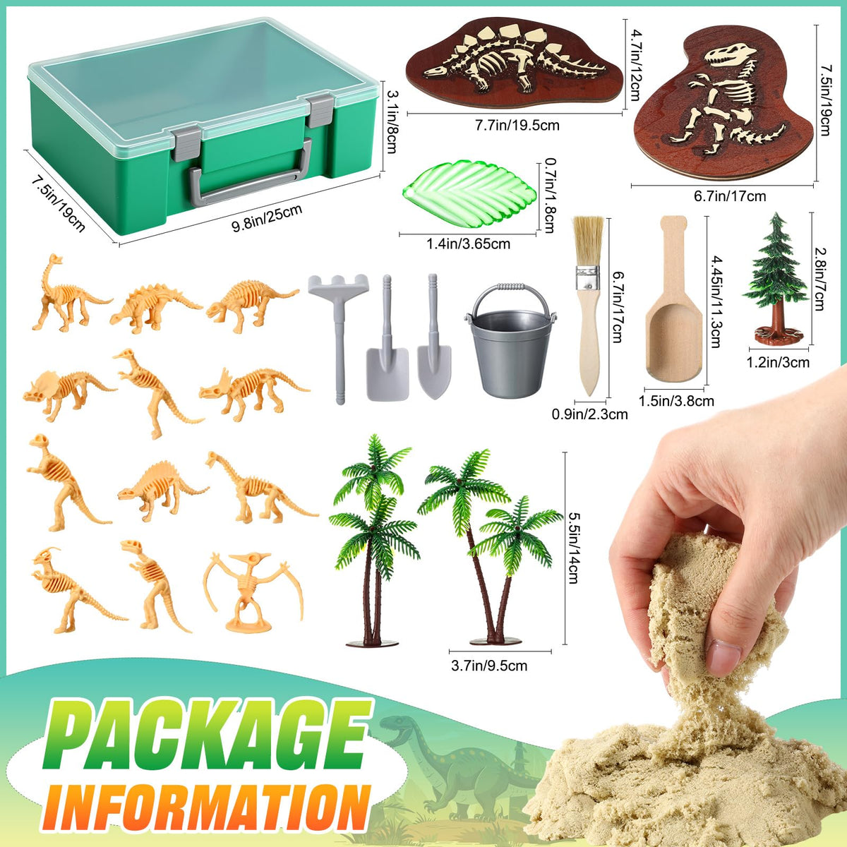 Children using brush and scoop to excavate dinosaur bones from sand