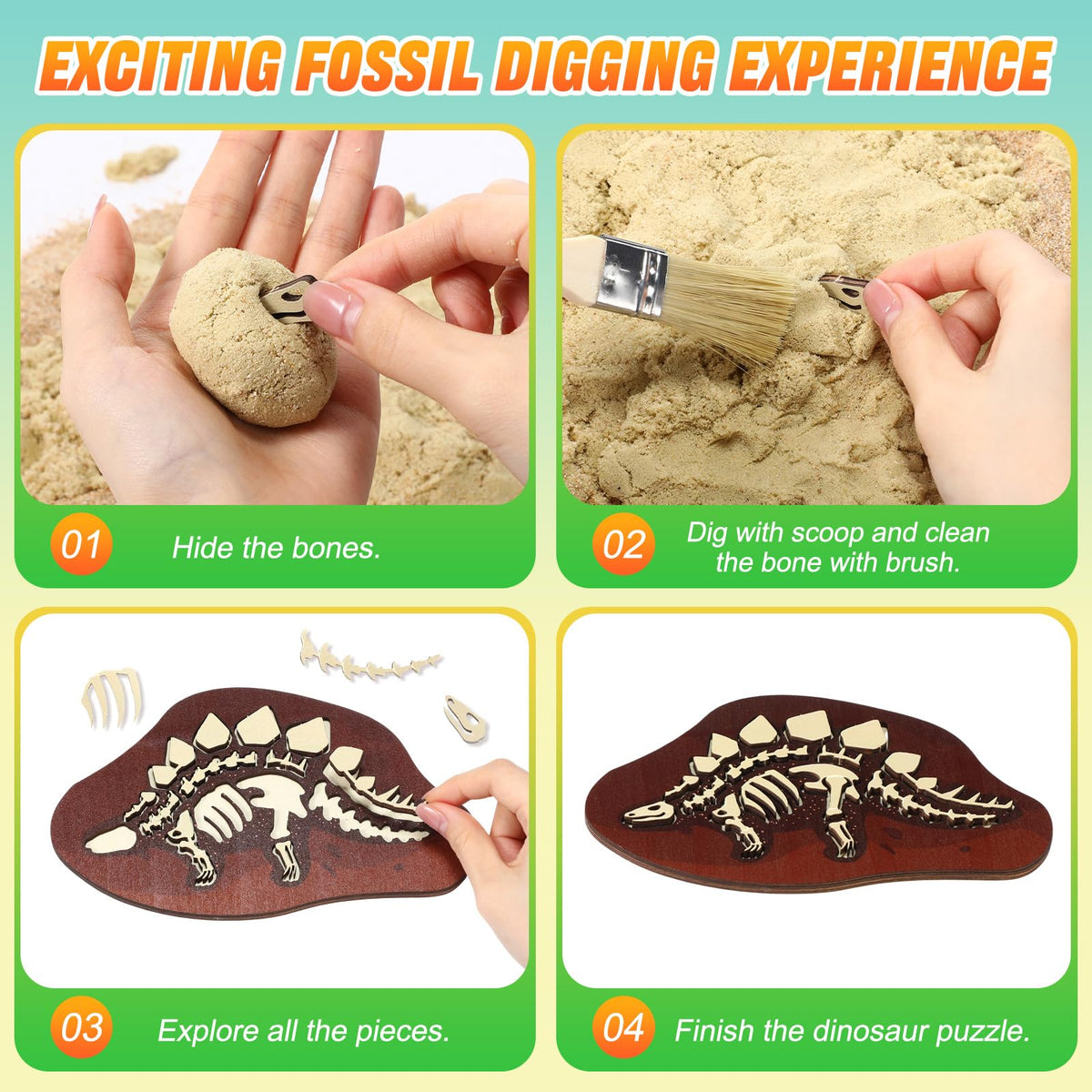Jenaai dino dig kit wooden skeleton pieces and tools arrangement
