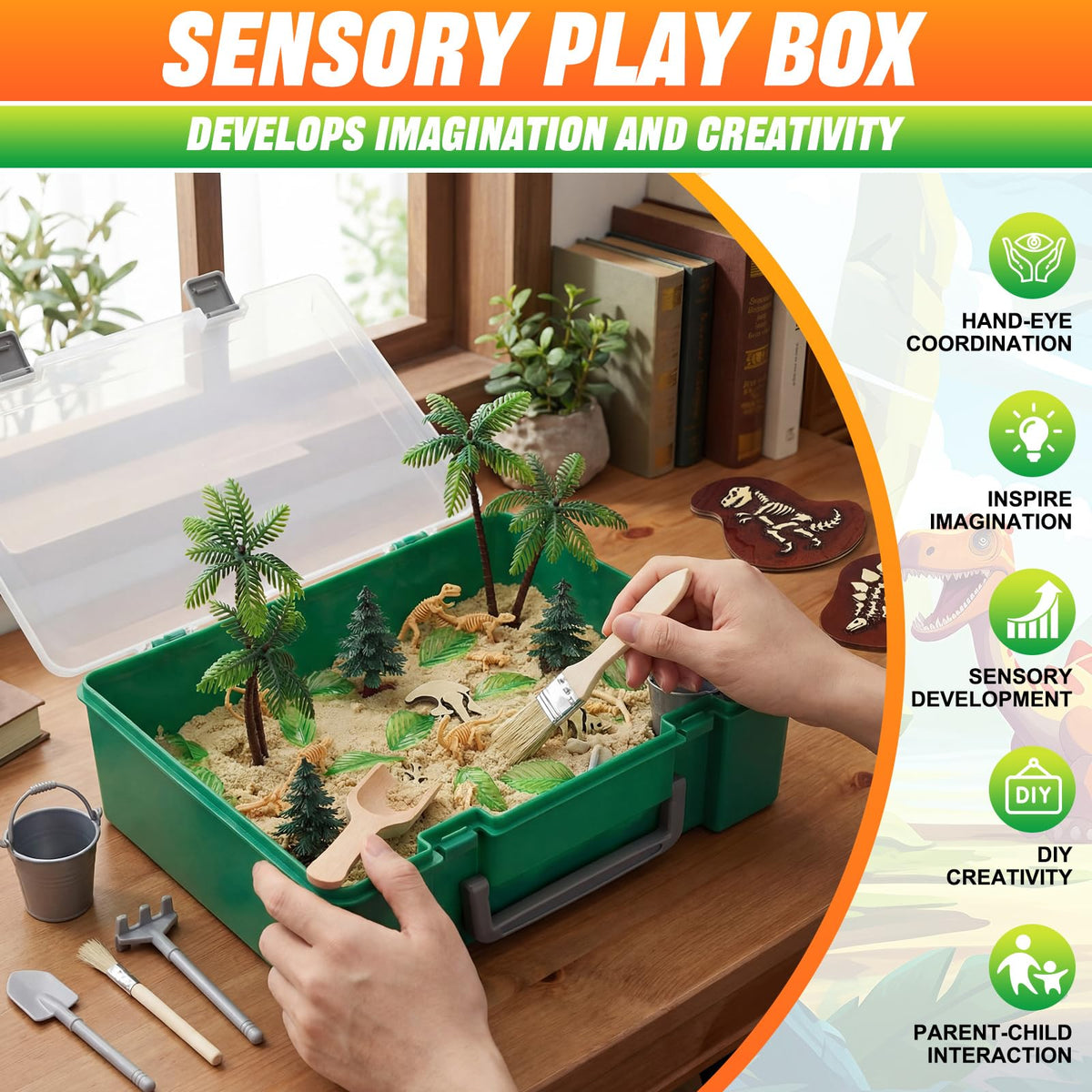 Dinosaur sensory bin with lid and storage container