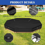 Kasla sandbox cover secured on wooden sandpit with buckles visible