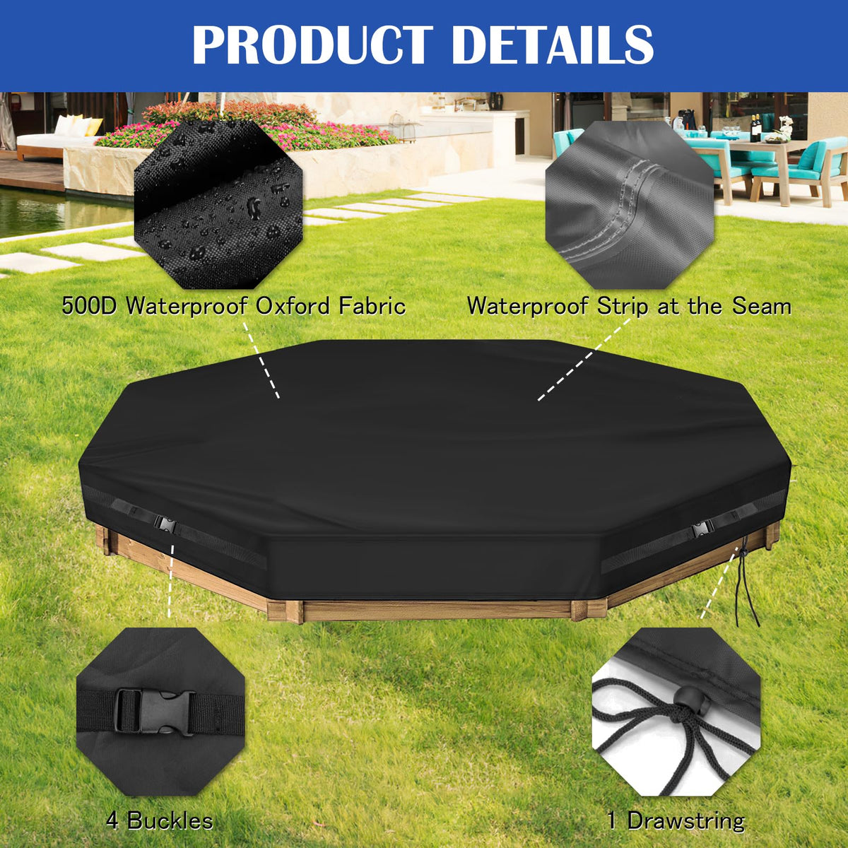 Kasla sandbox cover secured on wooden sandpit with buckles visible