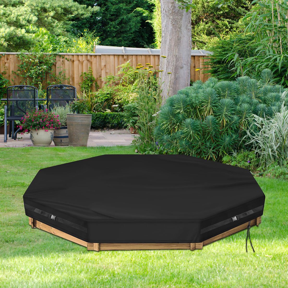 Top view of Kasla octagon sandbox cover protecting outdoor play area