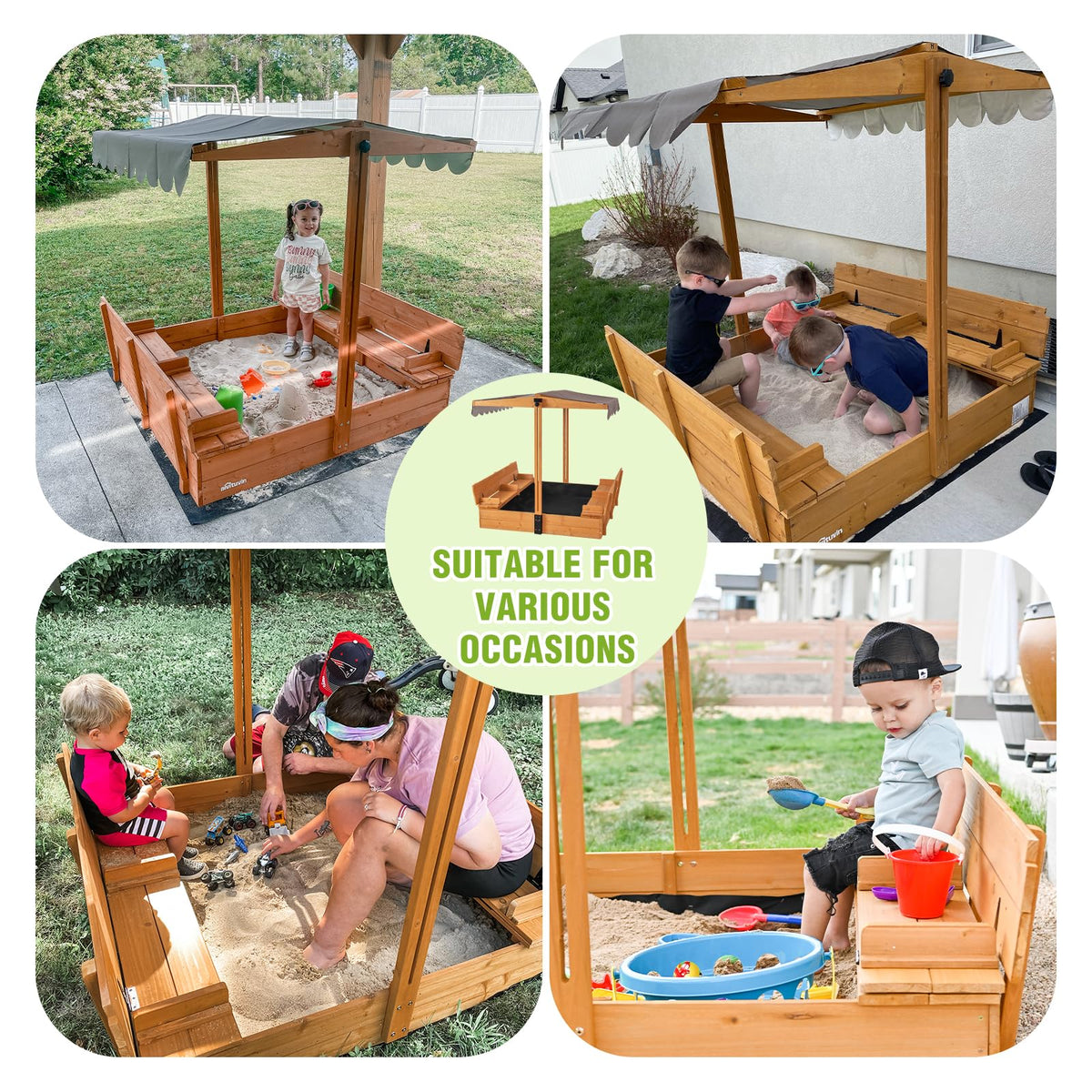 Kids playing in Gutinneen wooden sandbox outdoors