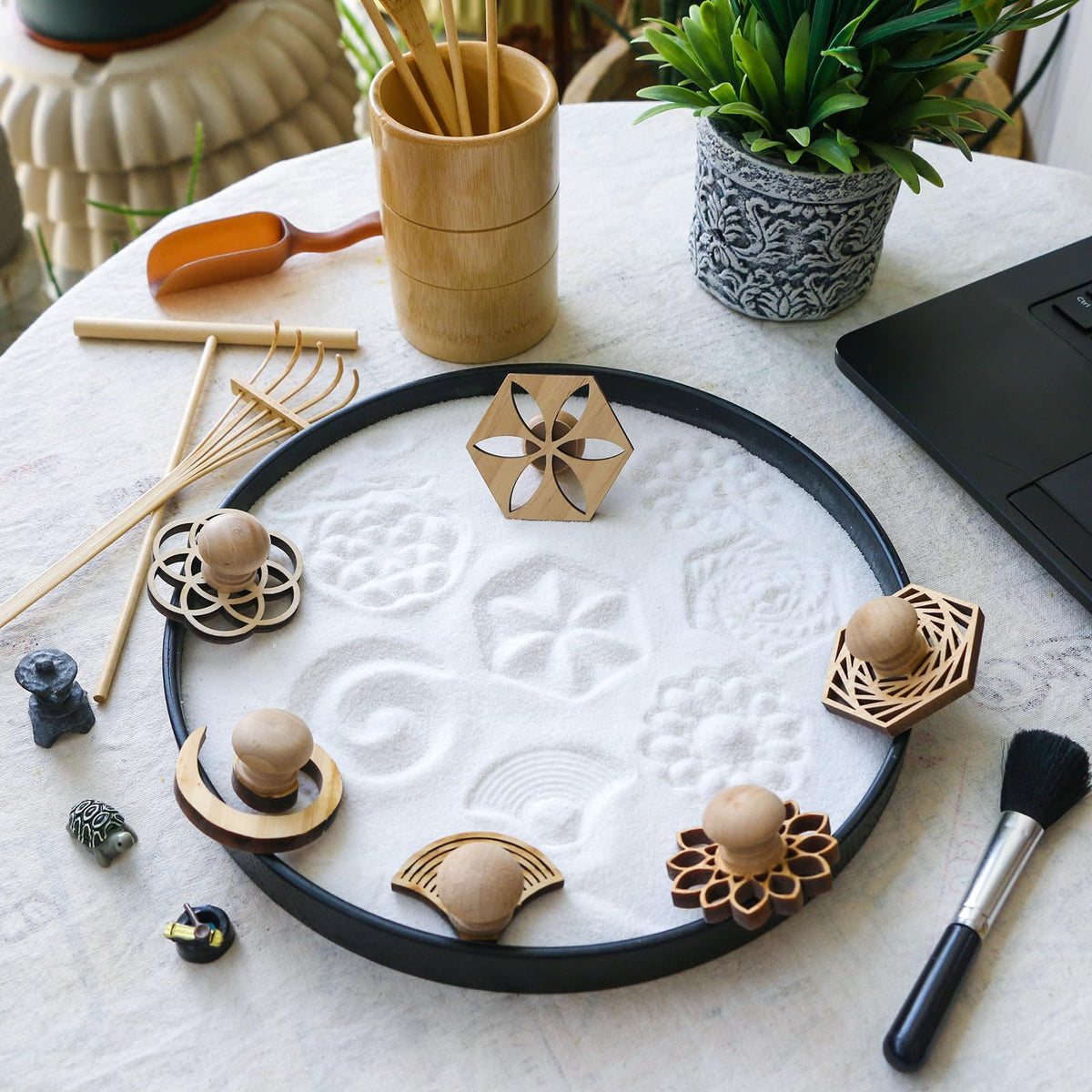 Wooden sand stamps for Zen garden pattern creation