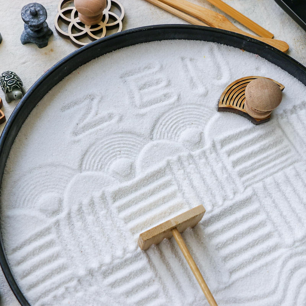 Sand brush and scoop tools for tabletop Zen garden maintenance