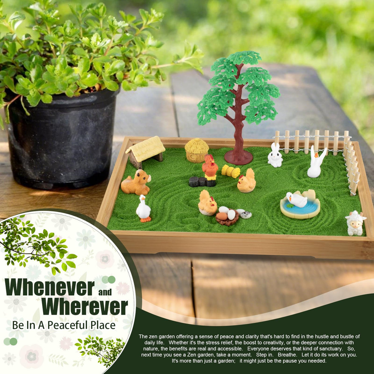 Farmhouse themed figurines and bridge in Yssppoy Zen garden kit