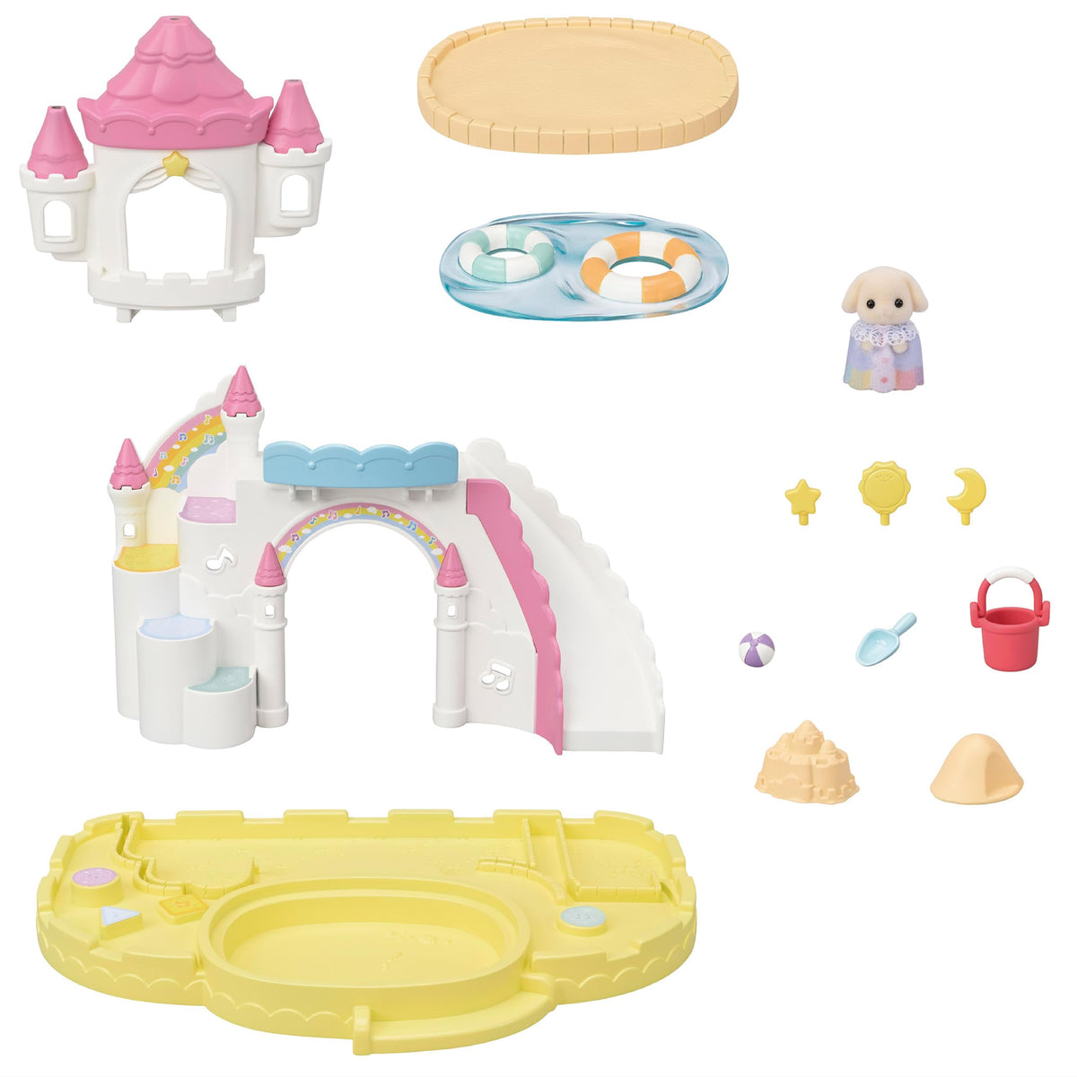 Flora Rabbit baby figure playing in the Calico Critters sandbox