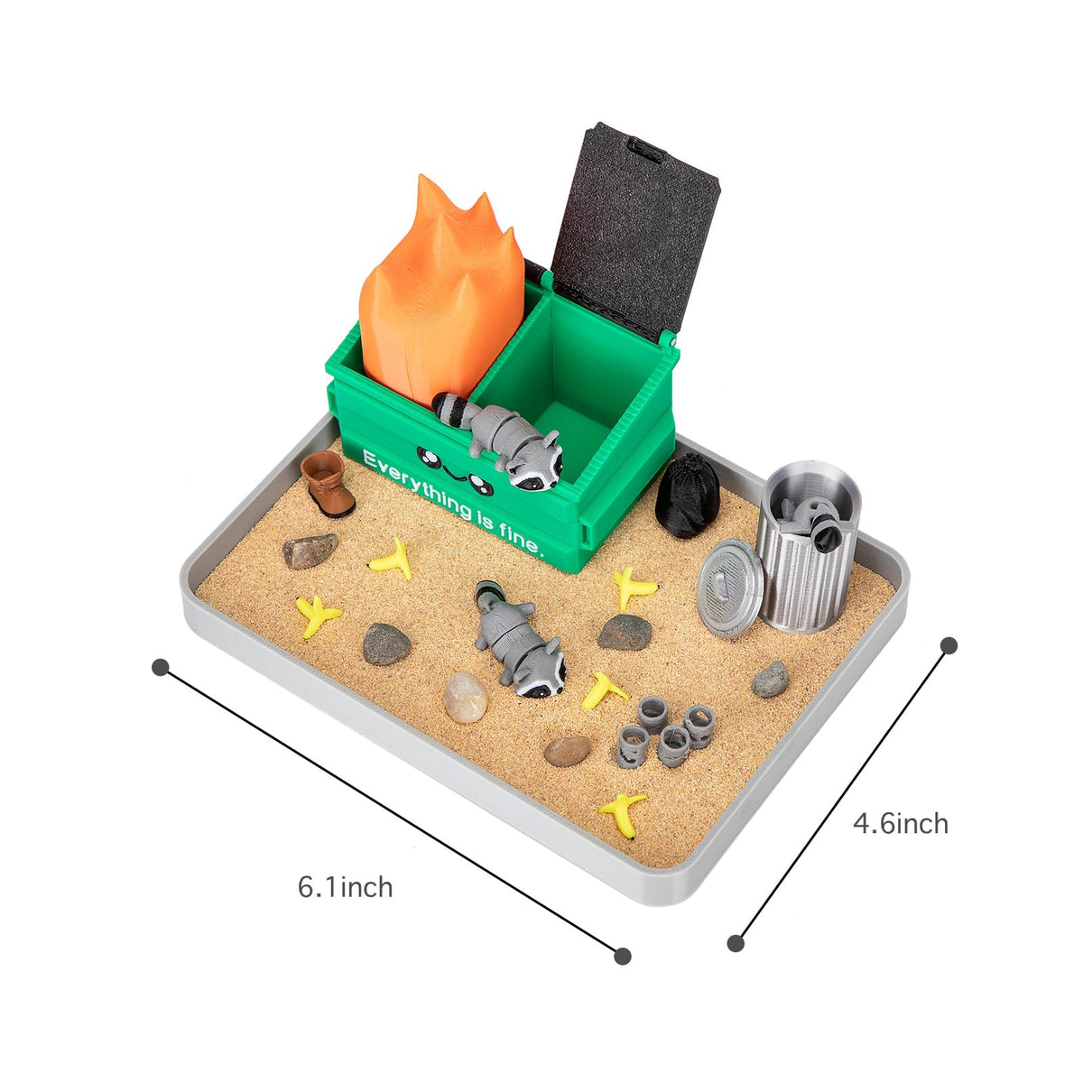 Close up of raccoon figurines in Stylor Dumpster Fire Zen Garden