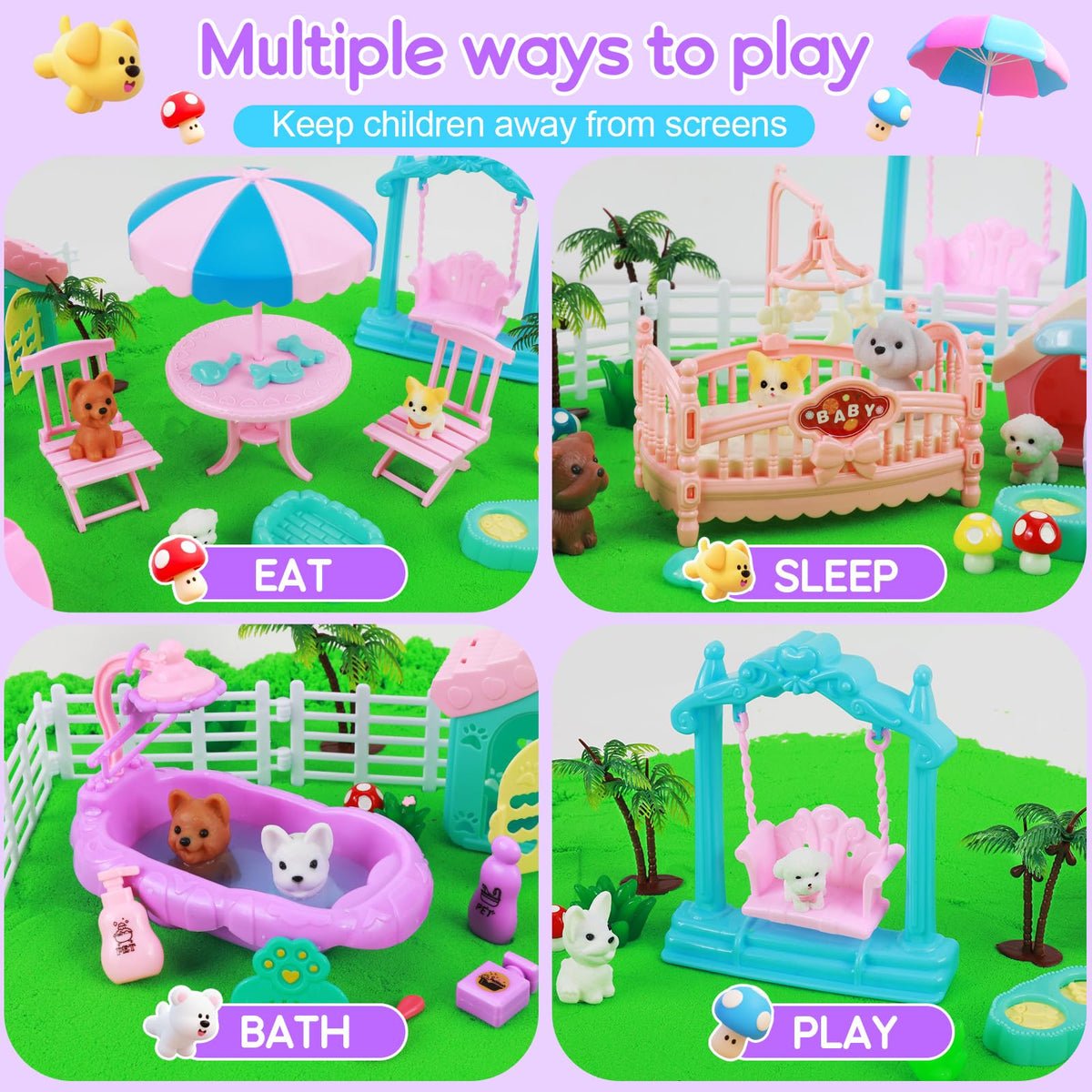 Close up of moldable sensory sand and dog figures