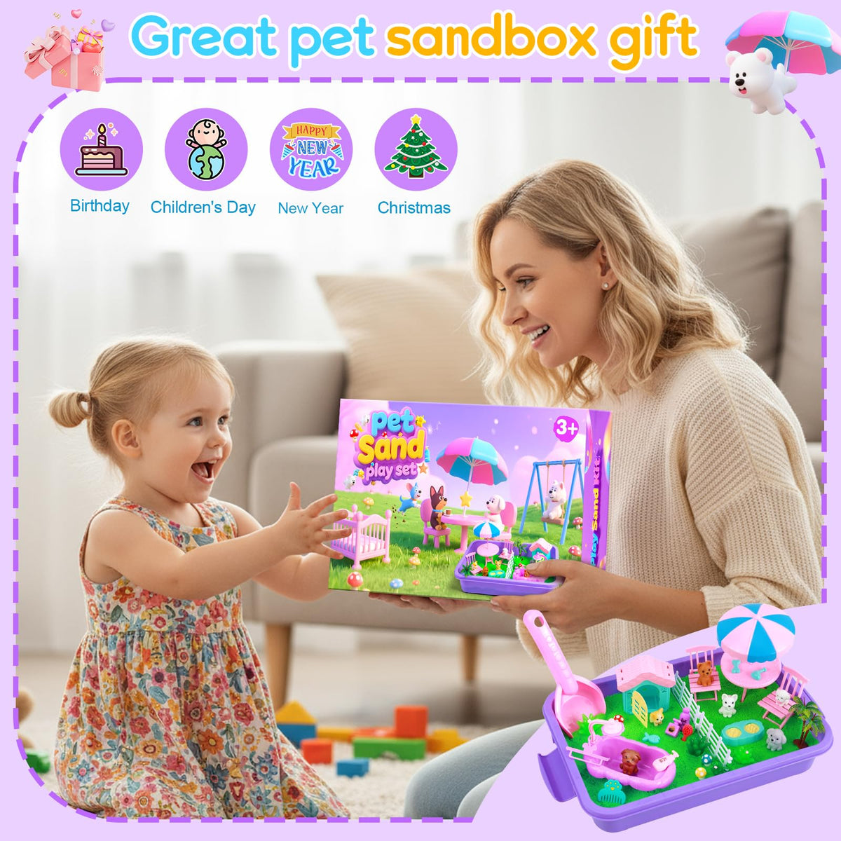 Action shot of kids using pet care sand accessories