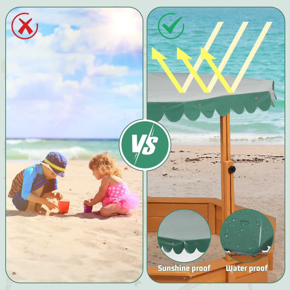 Skemic kids sandbox with adjustable waterproof roof