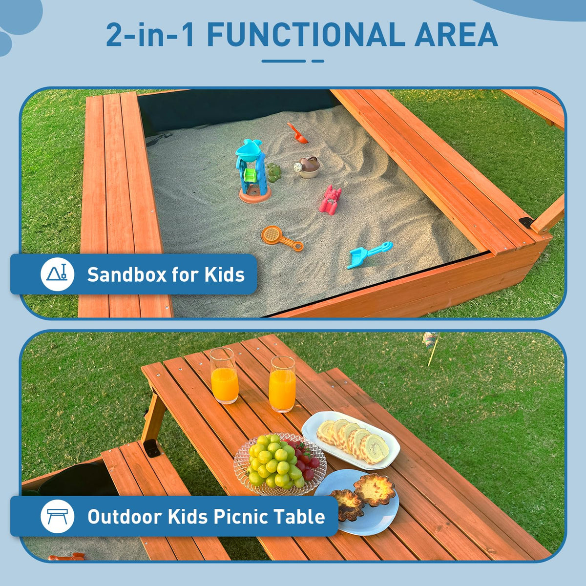FunXplore wooden sandbox converted into picnic table