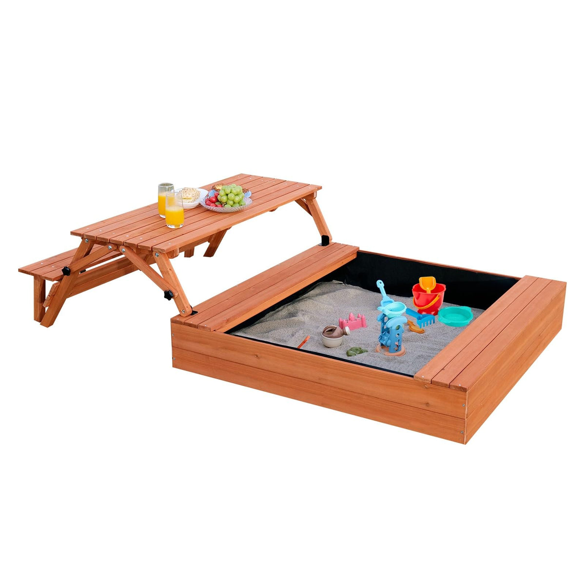 Top view of FunXplore wooden sandbox with bottom liner visible