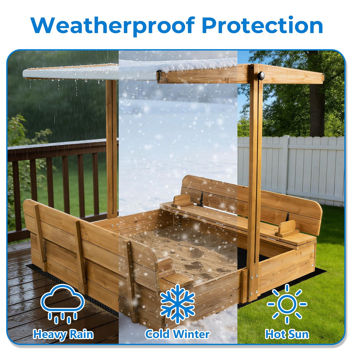 Folded bench seats on Mayugardening wooden kids sandbox