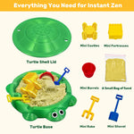 Desktop turtle sandbox with lid open and sand tools