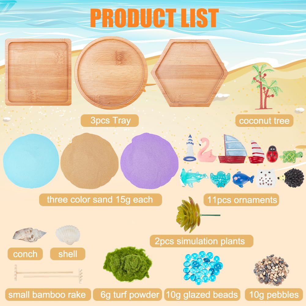 Webeedy zen garden kit wooden tray with sand and seashell arrangement.