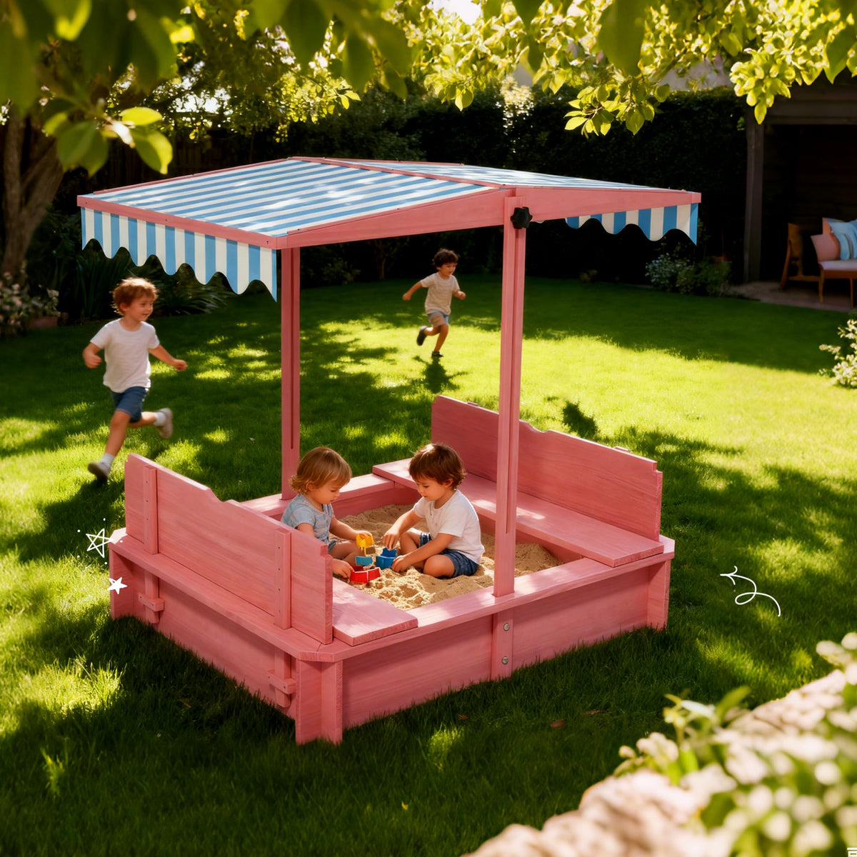 Wooden sandbox with lid closed for protection