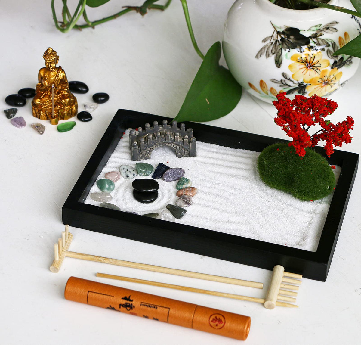 Japanese tabletop Zen garden kit with bamboo rakes and sand patterns