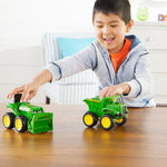 Rear view of John Deere construction vehicle 2 pack set