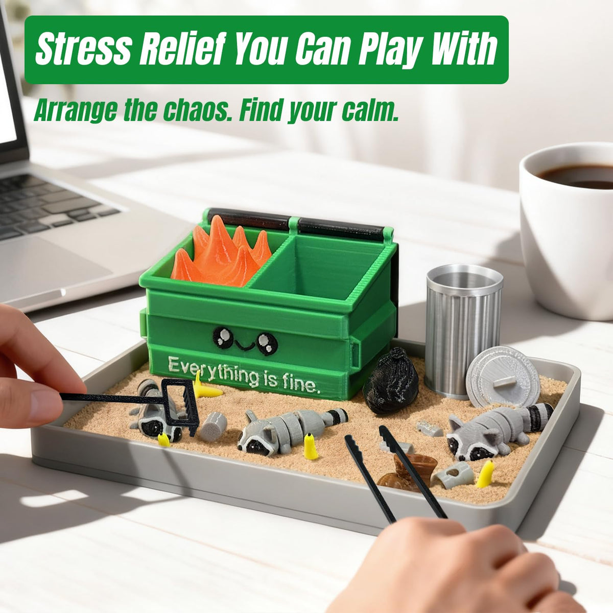 Miniature raccoon figurines and dumpster fire set