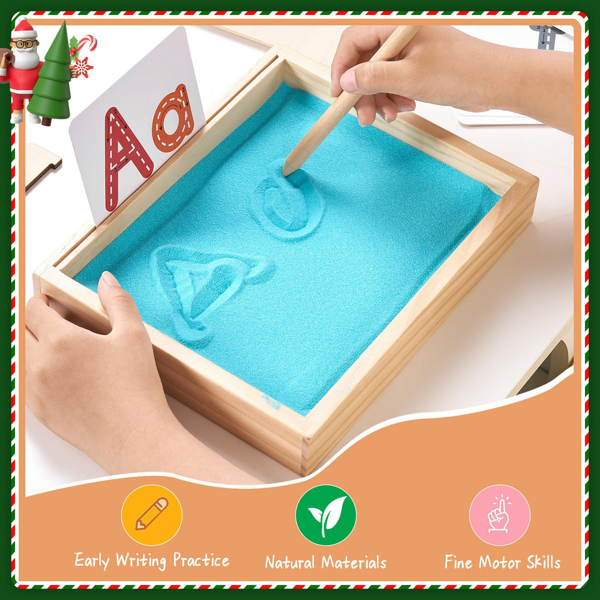 Child using finger to trace letters in the Moriteck sand tray