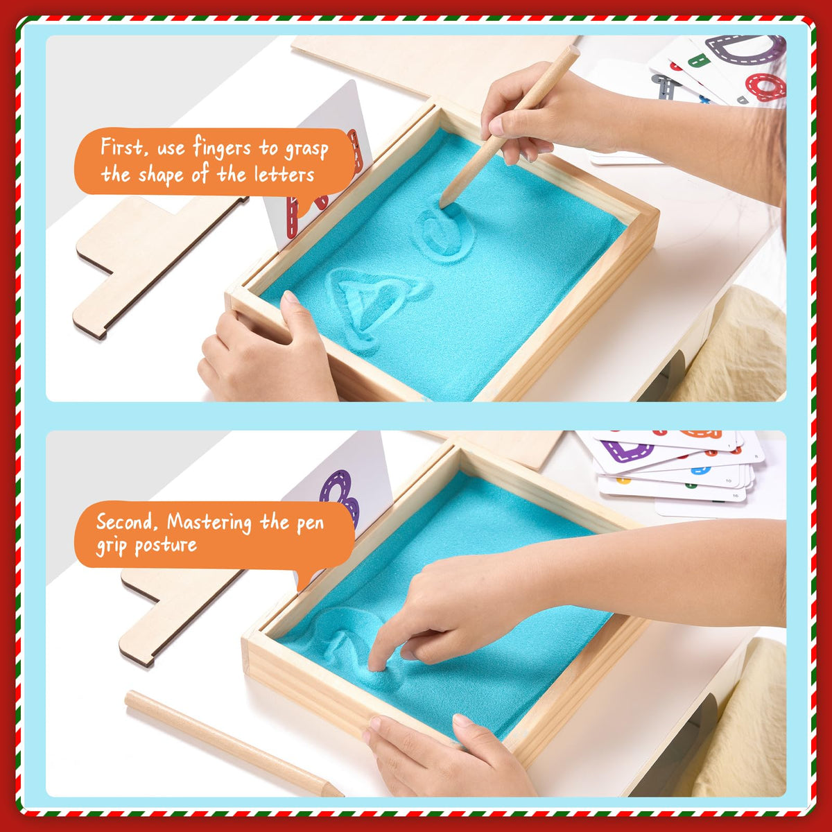 Close up of the wooden stylus and sand writing surface