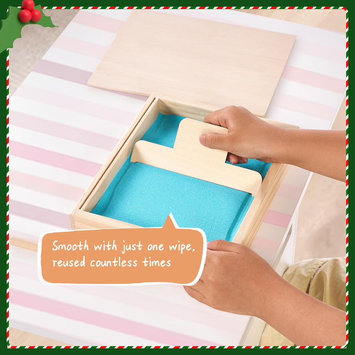 Top view of the Montessori sand tray with leveling scraper