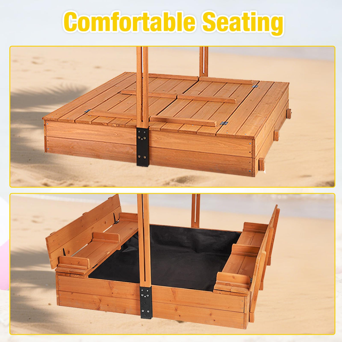 Close up of foldable bench seat hinges on Aivituvin wooden sandbox.
